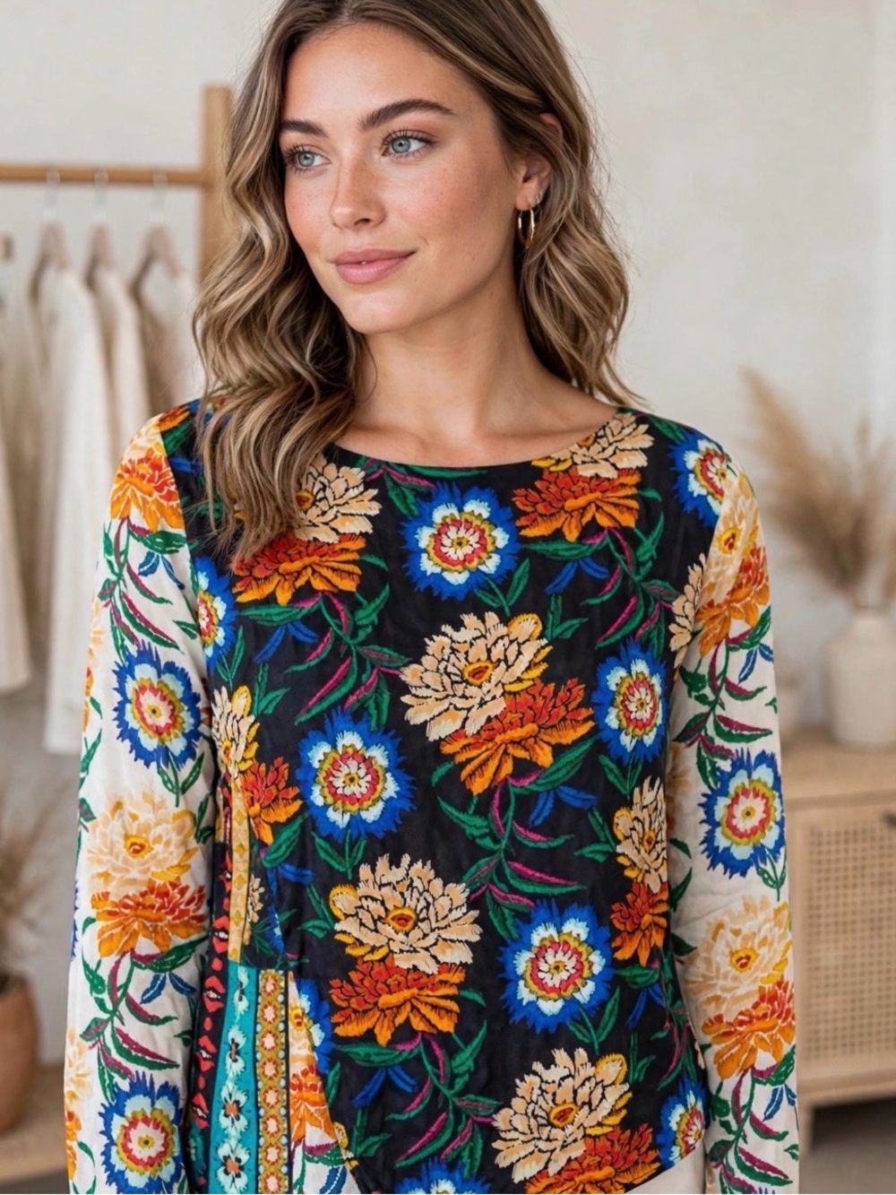 Johnny Was Gladys Blouse Size Small 100% Silk Colorful long Sleeve New